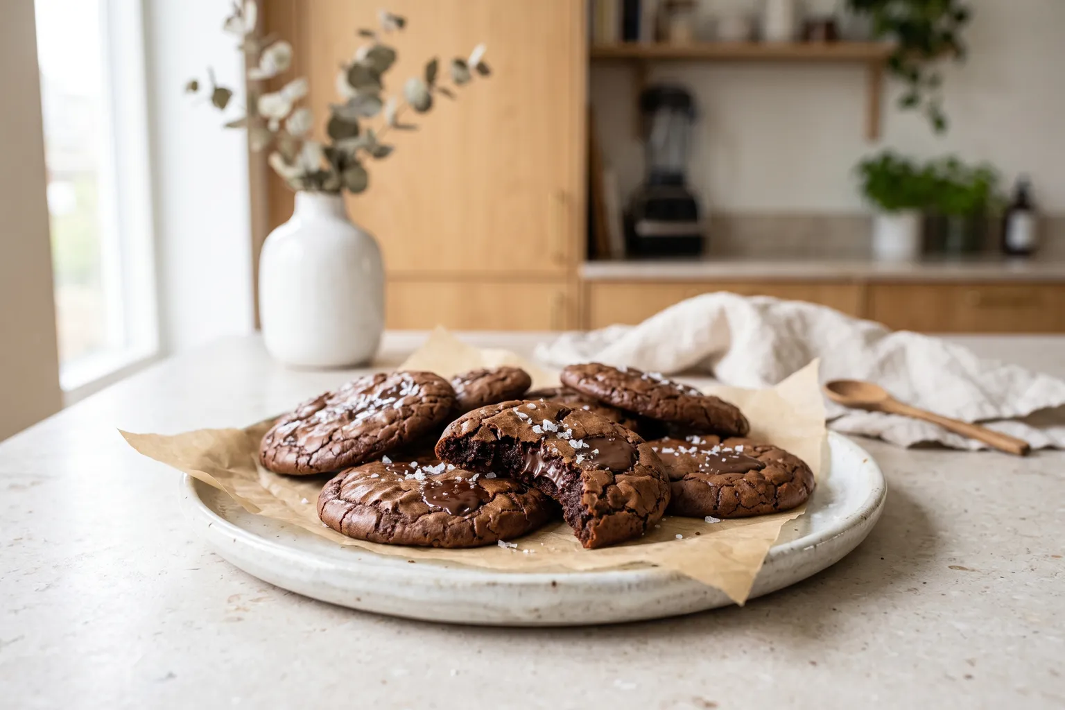 Brownie cookies med blank, krakeleret top, smeltede chokoladeklatter og flagesalt, én brækket over så den bløde midte ses