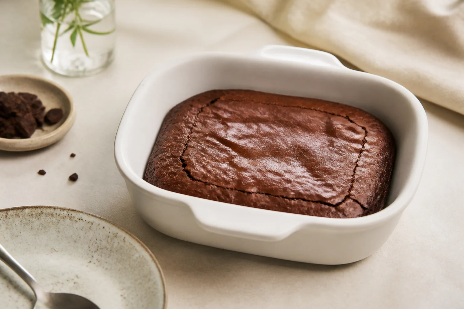 Brownie bagt i en lille hvid ovnfast form til airfryer, set skråt oppefra