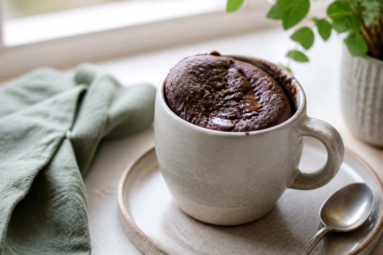 Brownie i kop med revnet top i en hvid kaffekop på en underkop med en teske