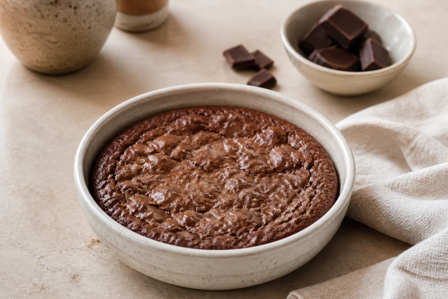 Lille rund brownie bagt i en hvid ovnfast skål med stykker af mørk chokolade bagved