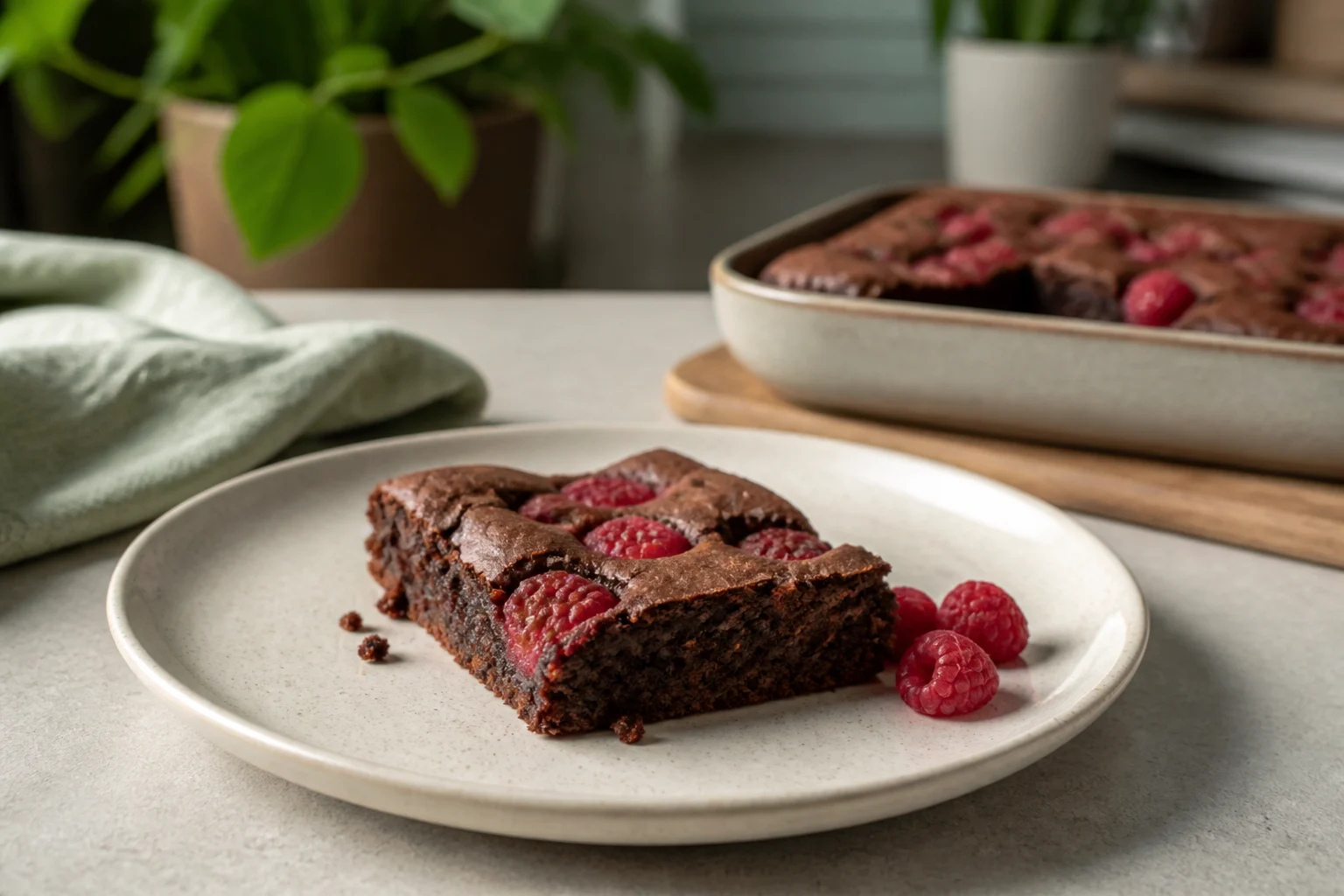 Et stykke brownie med hele hindbær trykket ned i toppen på en tallerken, med friske hindbær ved siden af