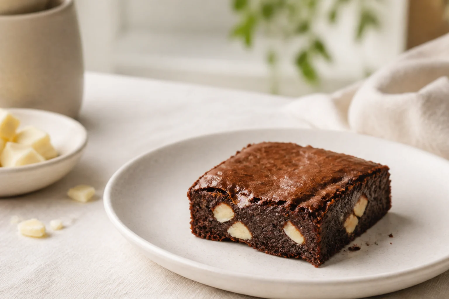 Et stykke brownie med hvid chokolade på en tallerken