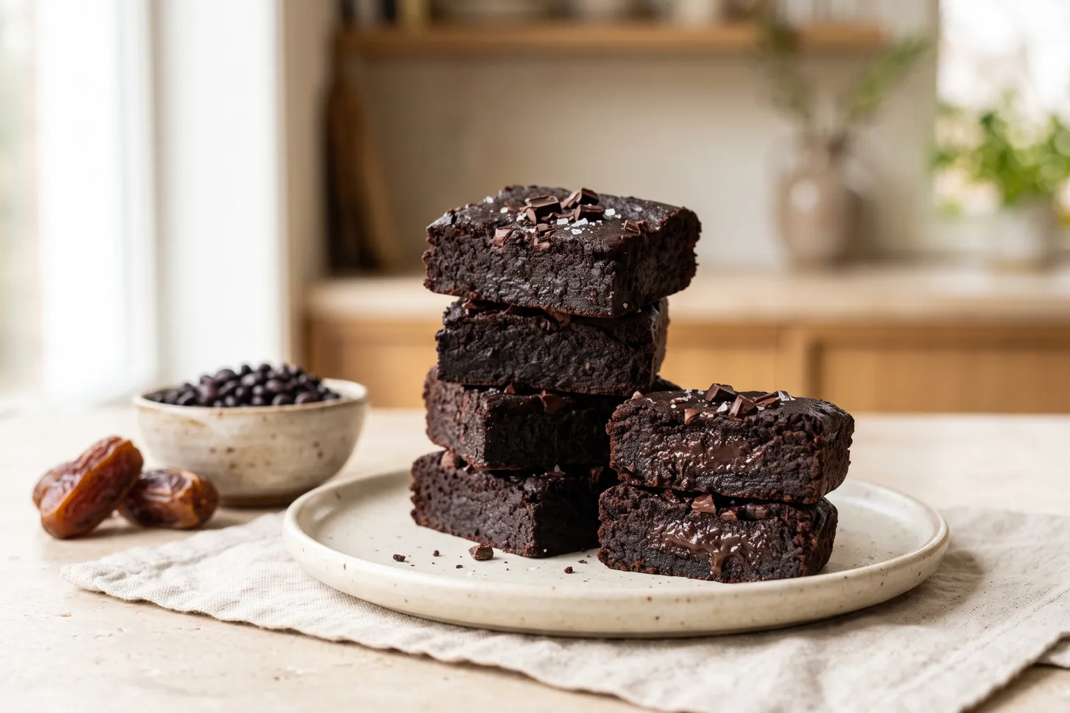Stak firkantede, mørke brownies med sorte bønner og chokoladestykker på toppen, en skål sorte bønner og dadler bagved