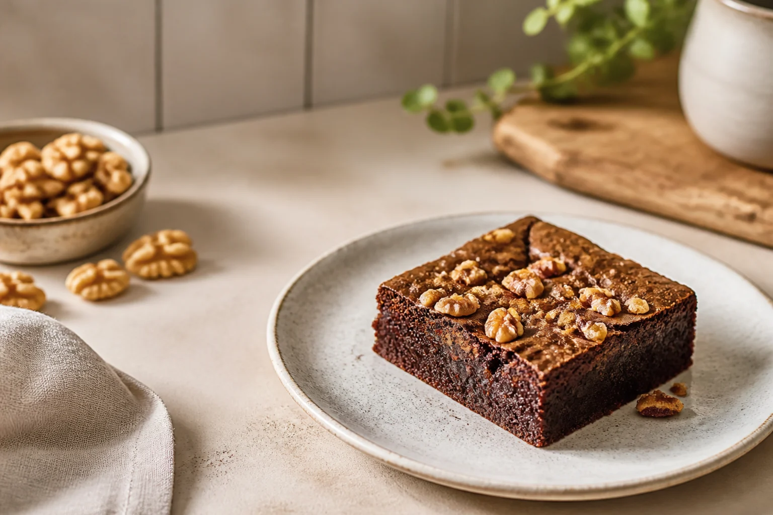 Et stykke brownie med valnødder på toppen på en tallerken ved siden af en skål med hele valnøddekerner