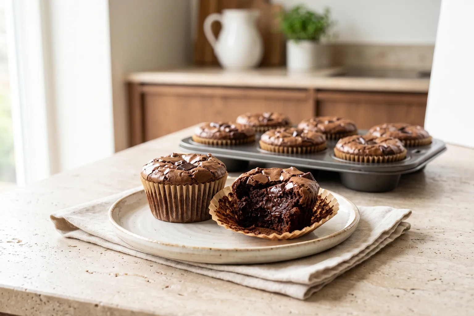 Brownie muffins i brune papirforme med blank, krakeleret top og chokoladestykker, én brudt over så den fudgy krumme ses, en muffinplade bagved