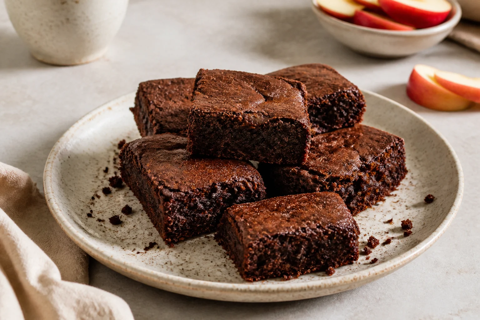 Fire stykker brownie uden æg stablet på en tallerken med æbleskiver i baggrunden