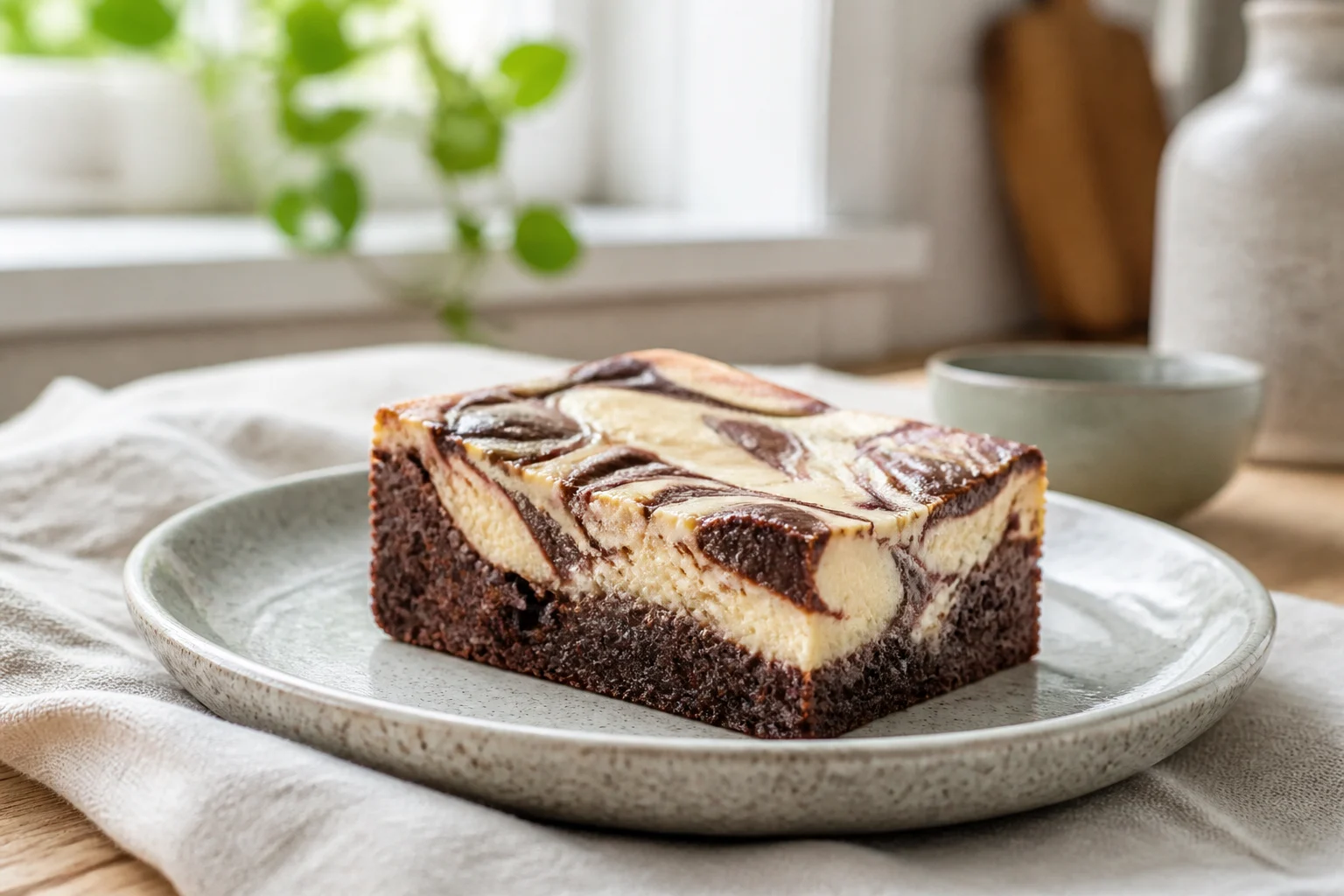 Et stykke cheesecake brownie med marmoreret lag af lys flødeostcreme over mørk brownie på en tallerken