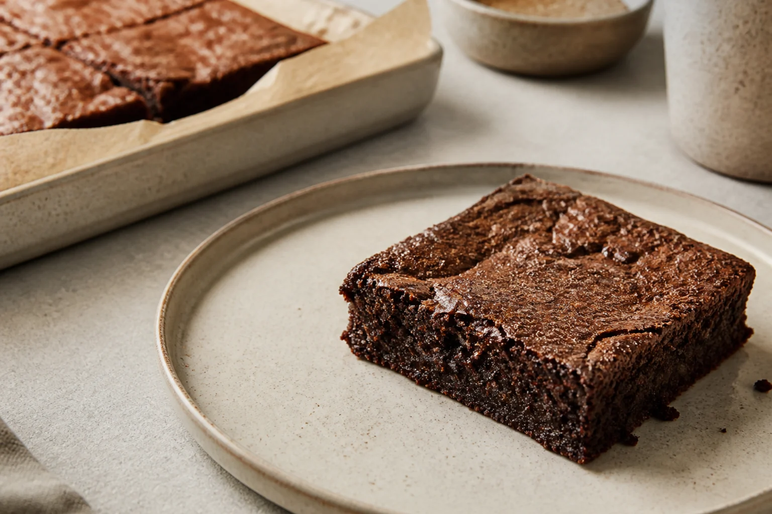 Et kvadratisk stykke chewy brownie med tynd, krakeleret top på en tallerken foran en bageform med bagepapir