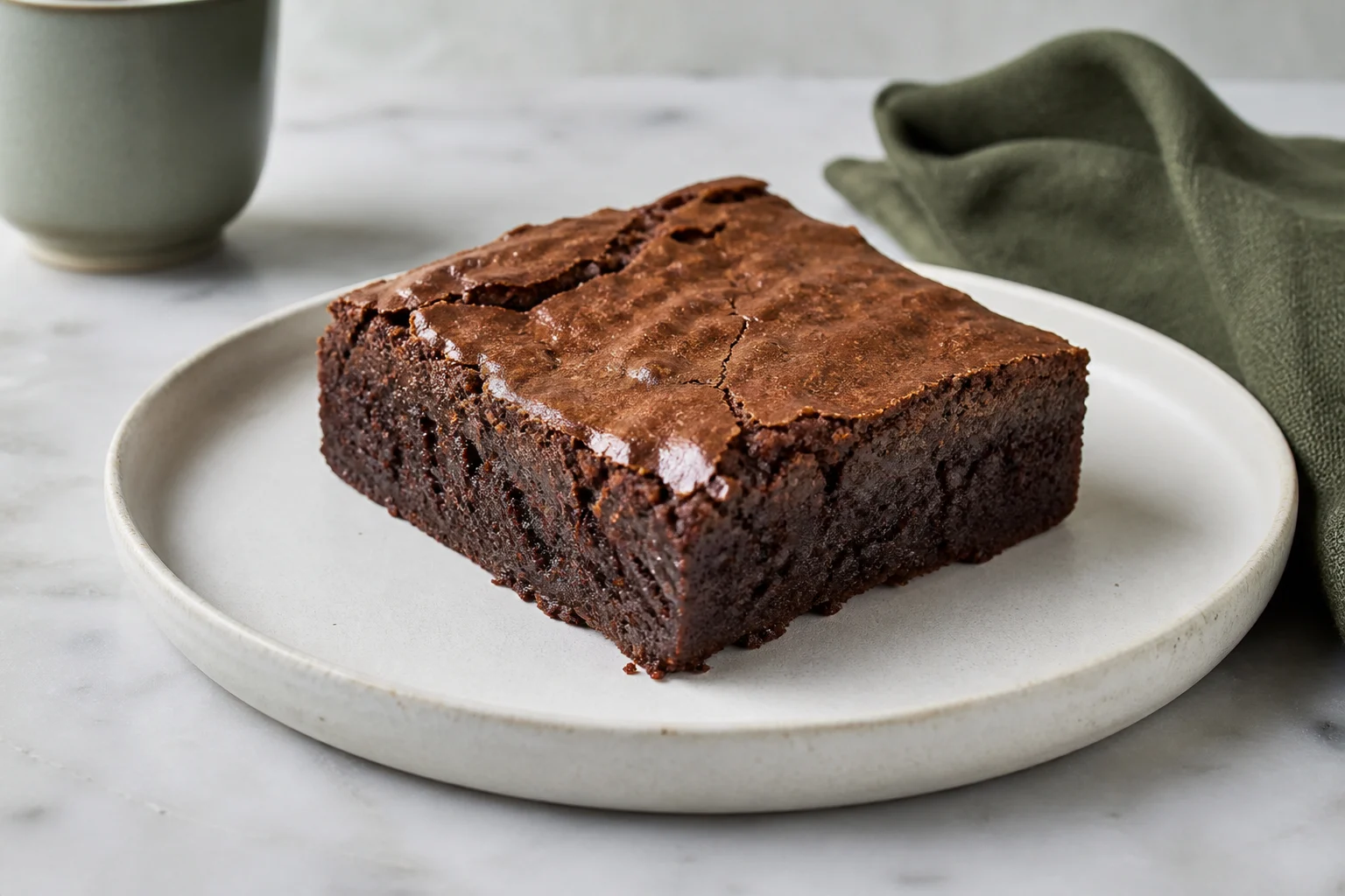 Et stykke mørk espresso brownie med blank top på en tallerken på en lys marmoroverflade