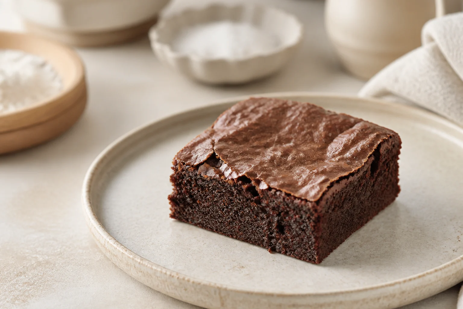 Et stykke glutenfri brownie med blank top på en tallerken med en skål mel i baggrunden