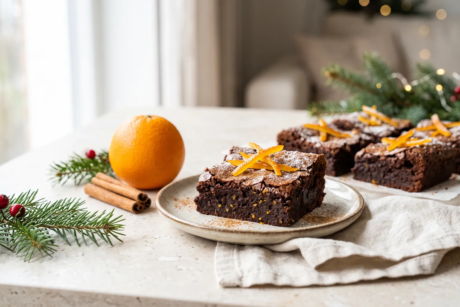 Et stykke brownie med kandiseret appelsinskal, kanel og flormelis på toppen, appelsin, kanelstænger og grangren ved siden af