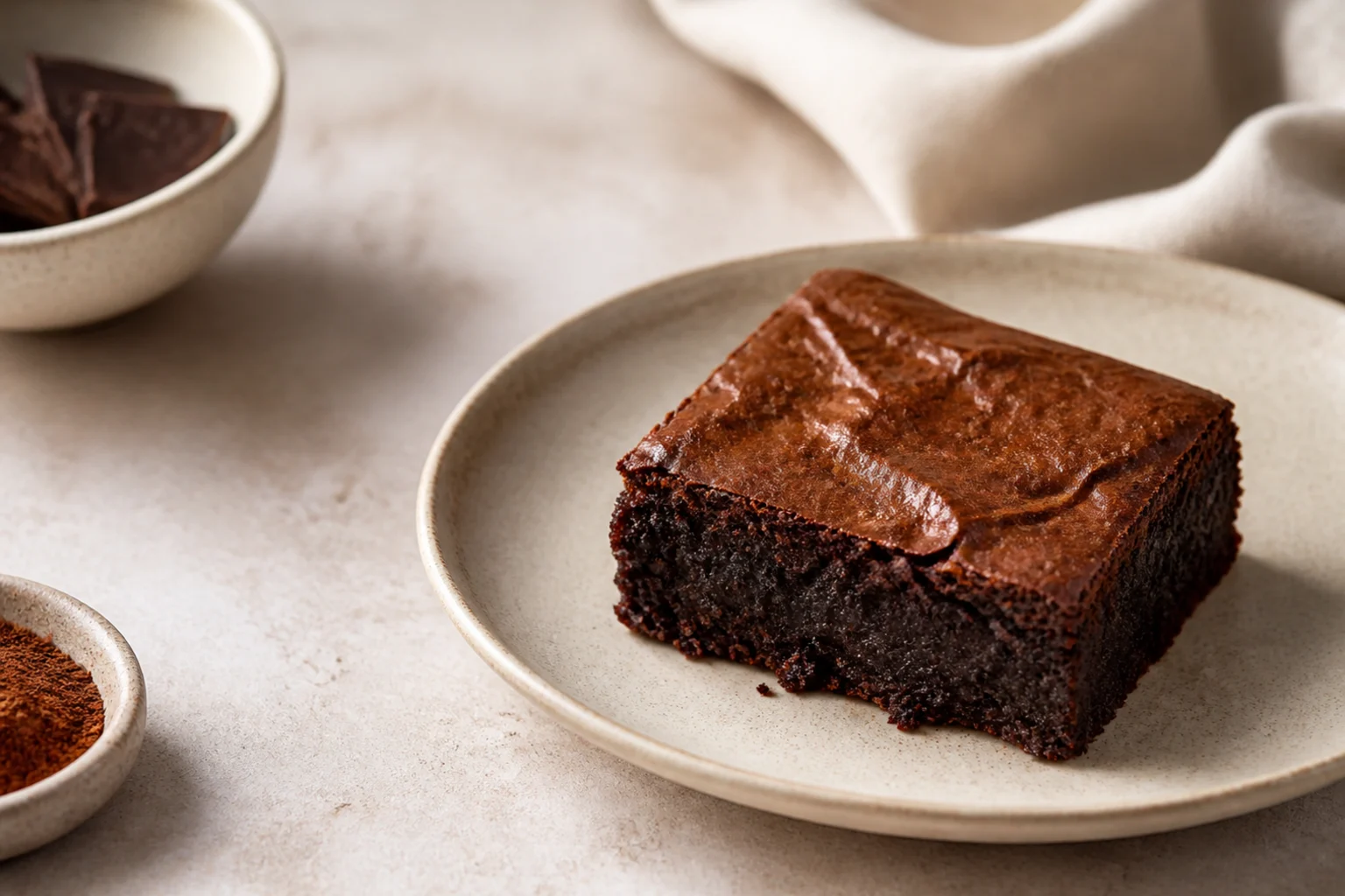 Et stykke fudgy brownie med blank, revnet top på en lys tallerken ved siden af hakket mørk chokolade og kakao