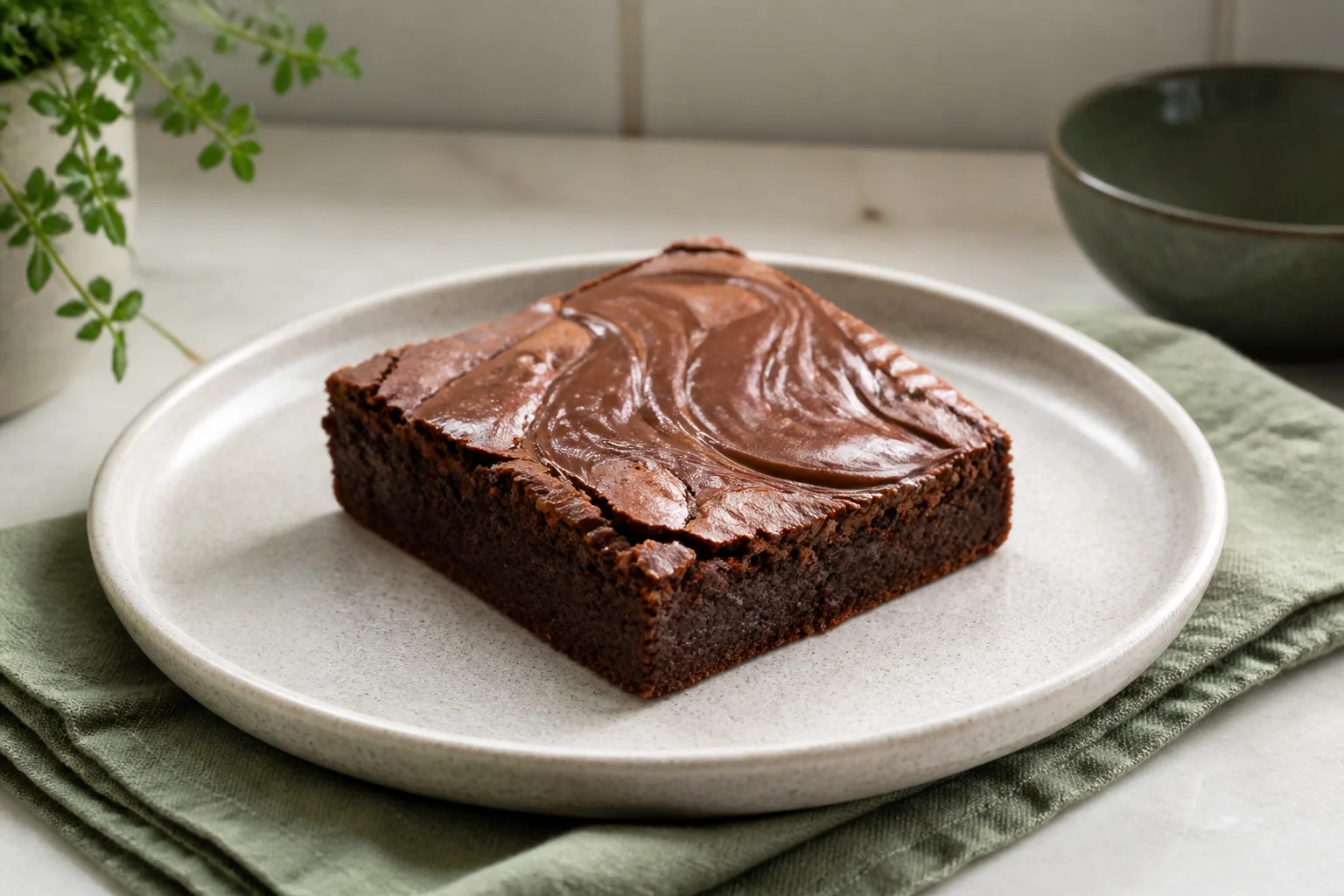 Et stykke brownie med marmoreret top af hasselnøddecreme på en tallerken på et grønt viskestykke