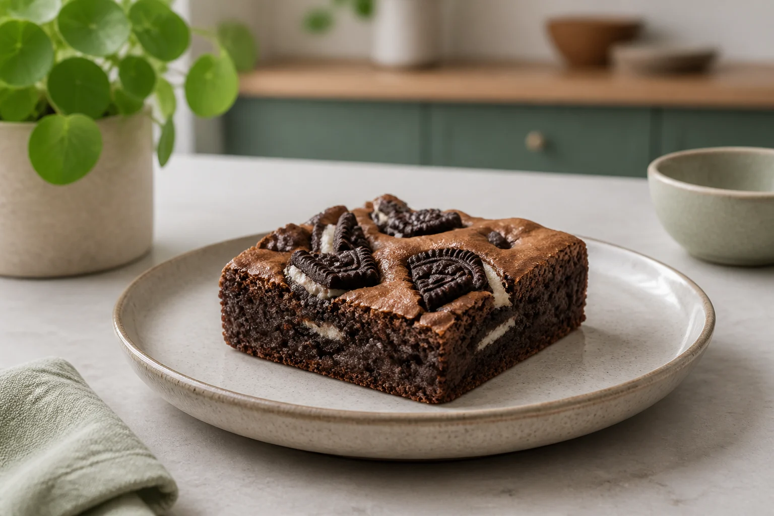 Et stykke brownie med knækkede Oreo-kiks på toppen og i krummen på en tallerken
