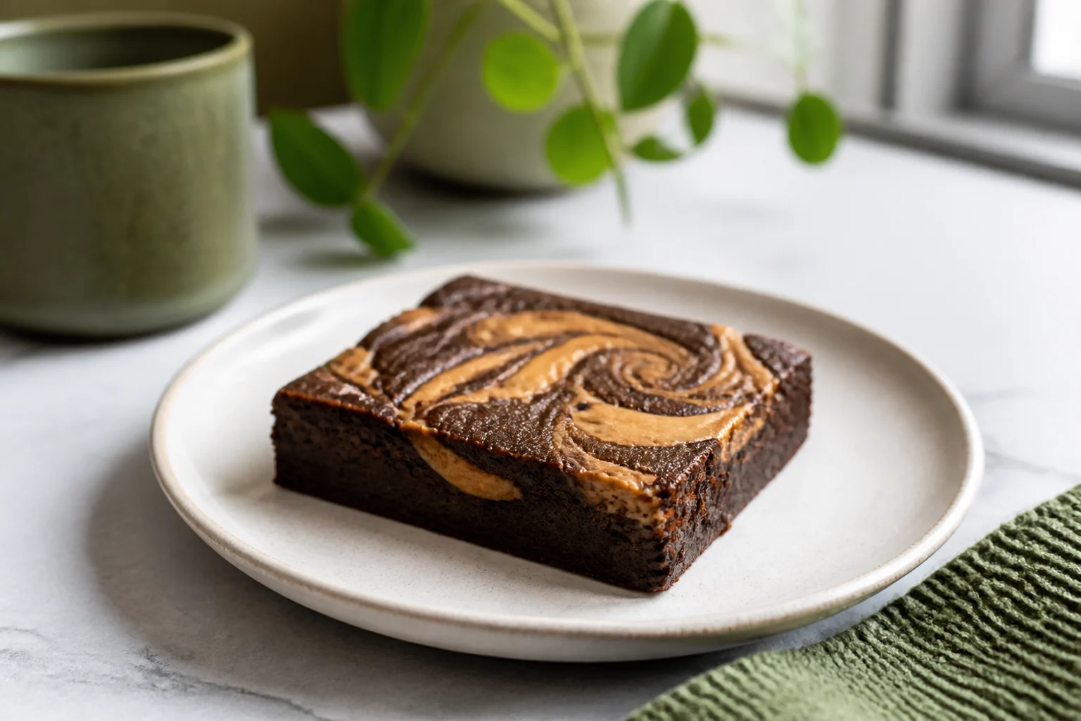 Et stykke brownie med spiralformede striber af peanutbutter i toppen på en tallerken