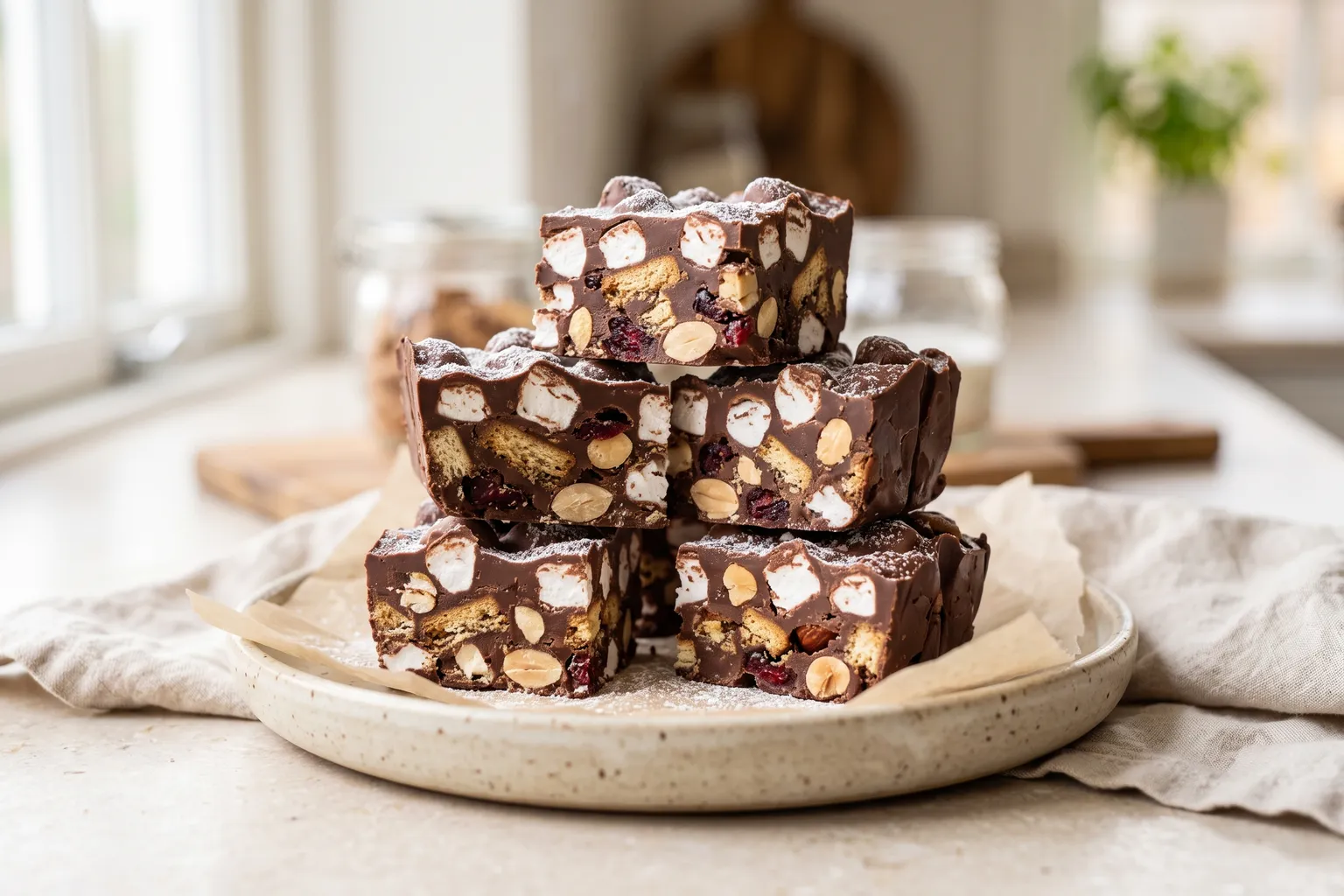 Stak firkantede stykker rocky road af chokolade med marshmallows, kiks, peanuts og tranebær på bagepapir