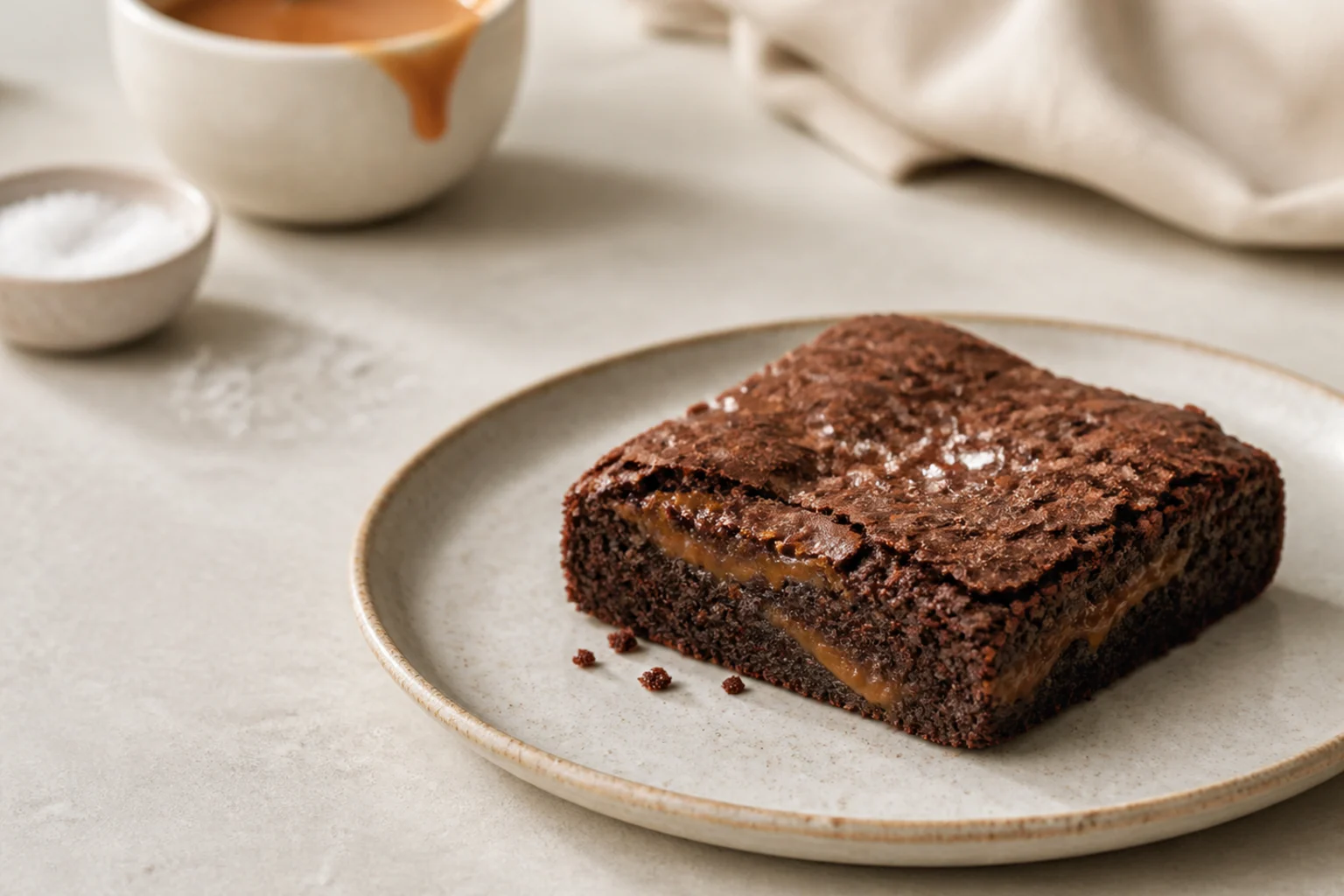 Et stykke brownie med et synligt lag saltkaramel i krummen på en tallerken, med en lille skål karamel og flagsalt bagved