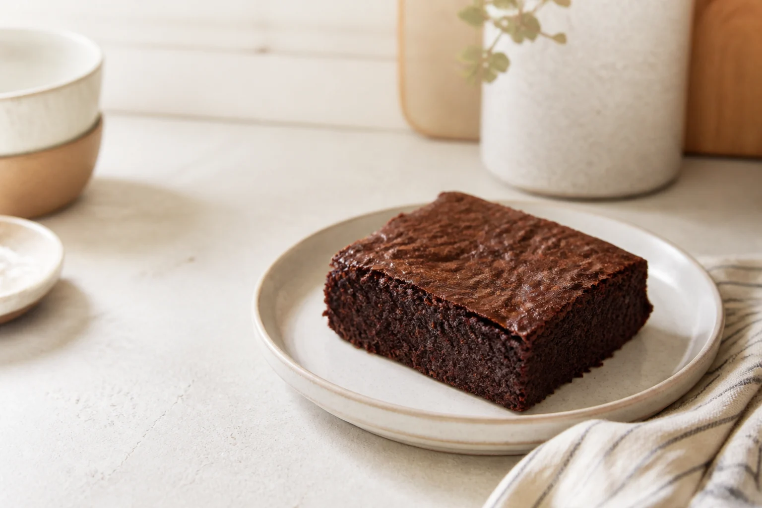 Et stykke mørk brownie med mat top på en tallerken med et stribet viskestykke
