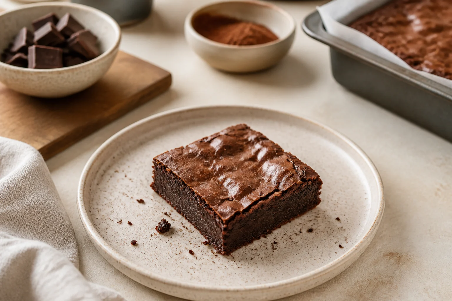 Et stykke tæt brownie med blank, krakeleret top på en tallerken, med en bageform med resten af kagen i baggrunden
